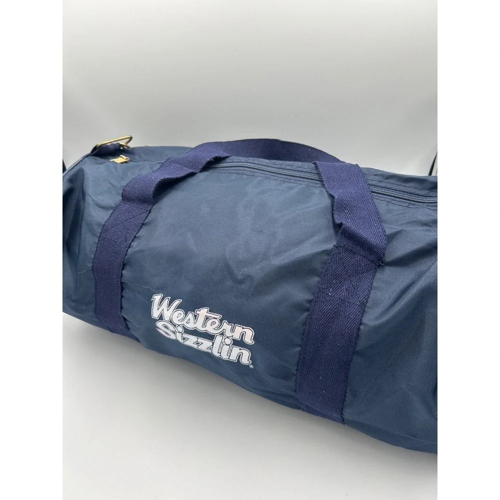 Vintage Western Sizzlin Steakhouse Navy Blue Nylon Duffel Bag Retro 80s Travel